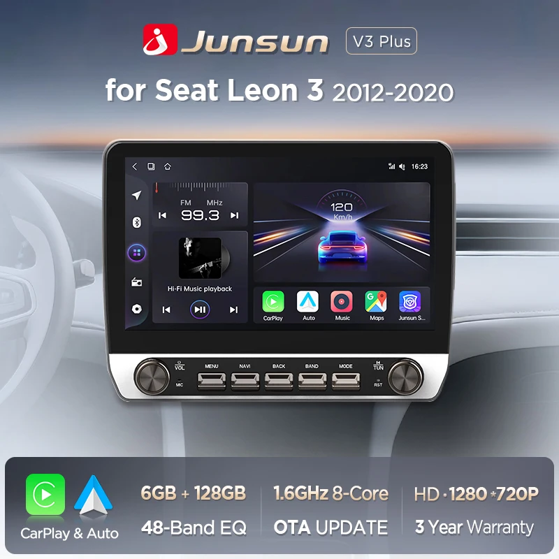 Junsun 10,1-Zoll-Autoradio für Seat Leon MK3 2012 2013 2014-2020, kabelloses CarPlay, Android Auto, intelligente Systeme, IPS-Touchscreen mit physischen Tasten, DSP, GPS-Navigation, WLAN, DAB+, RDS, Image