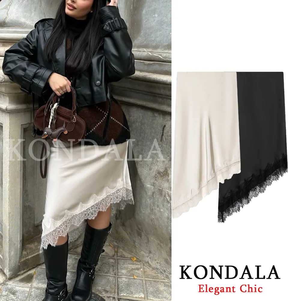 KONDALA Lady Party Vielseitiger Satin-Spitze-Langrock, elastisch, gerade, langer Rock, modisch, 2026, Frühling, Sommer, Datum, lässiger Damenrock Image