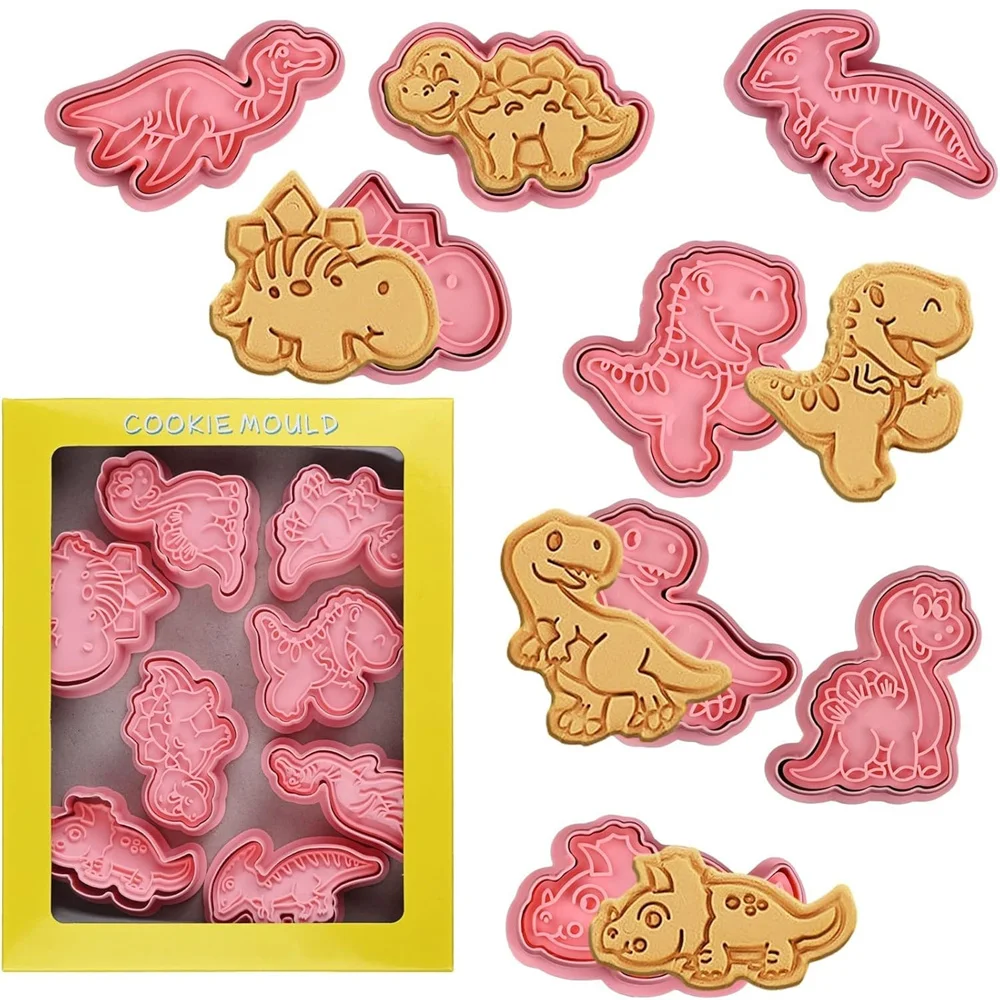 8PCS Dinosaurier Tier Cookie Form Teig Stempel Kunststoff 3D Pressbare Cookie Form DIY Süßigkeiten Kuchen Backform Gebäck Dekorieren werkzeuge Image