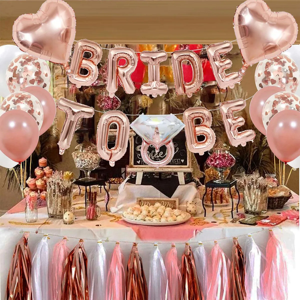 41-teiliges Roségold-Set „Braut to be“-Ballon-Quasten-Diamantring und Herz-Dekoration, Damen-Singles, vorausvolle Junggesellenabschied Image