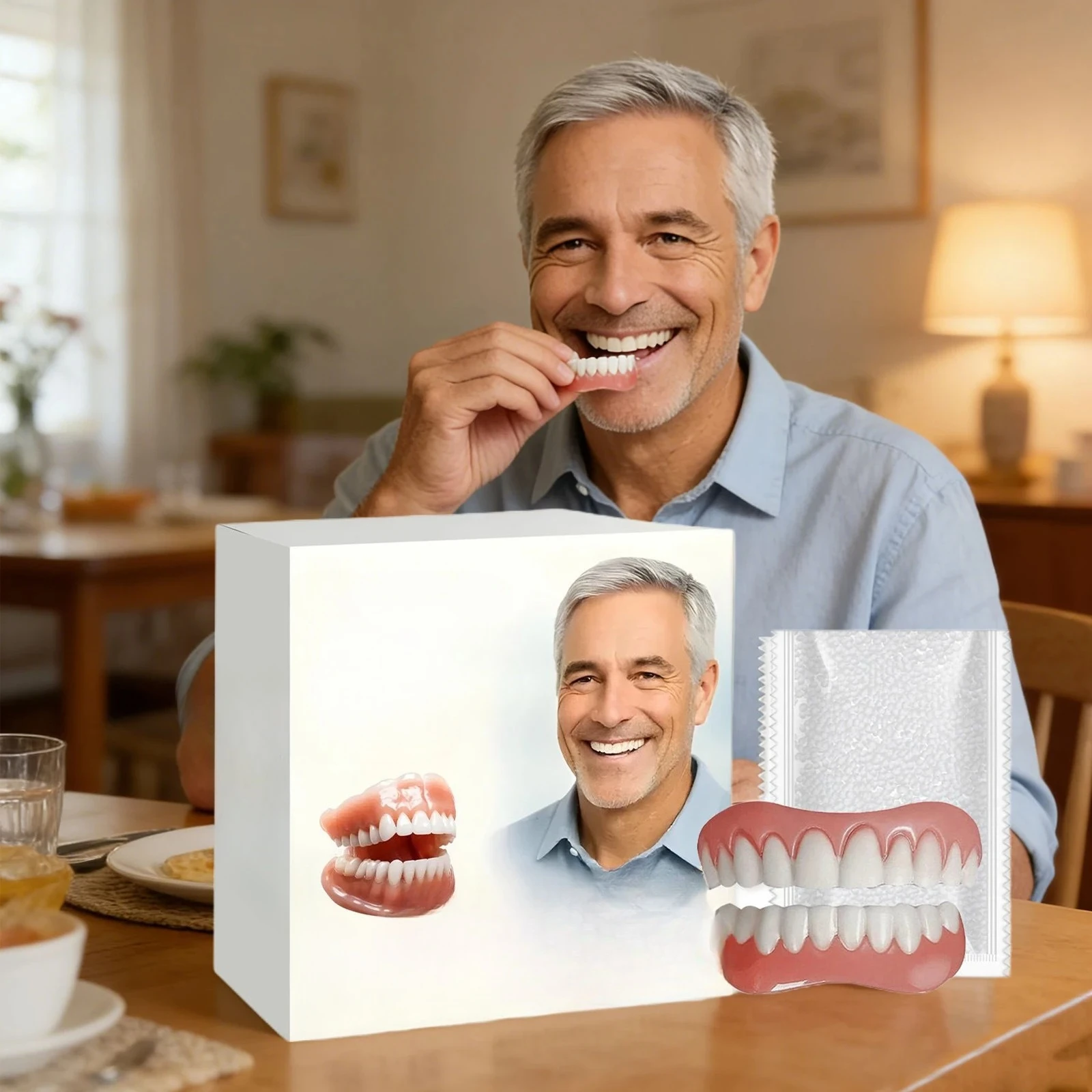 Zahnprothesen Komplettset: Natürliche Ober- und Unterkiefer-Zahnspangen aus Silikon für Männer und Frauen – Sofortige Selbstvertrauenswürdigkeit, künstliche Zähne, Mundhygiene Image