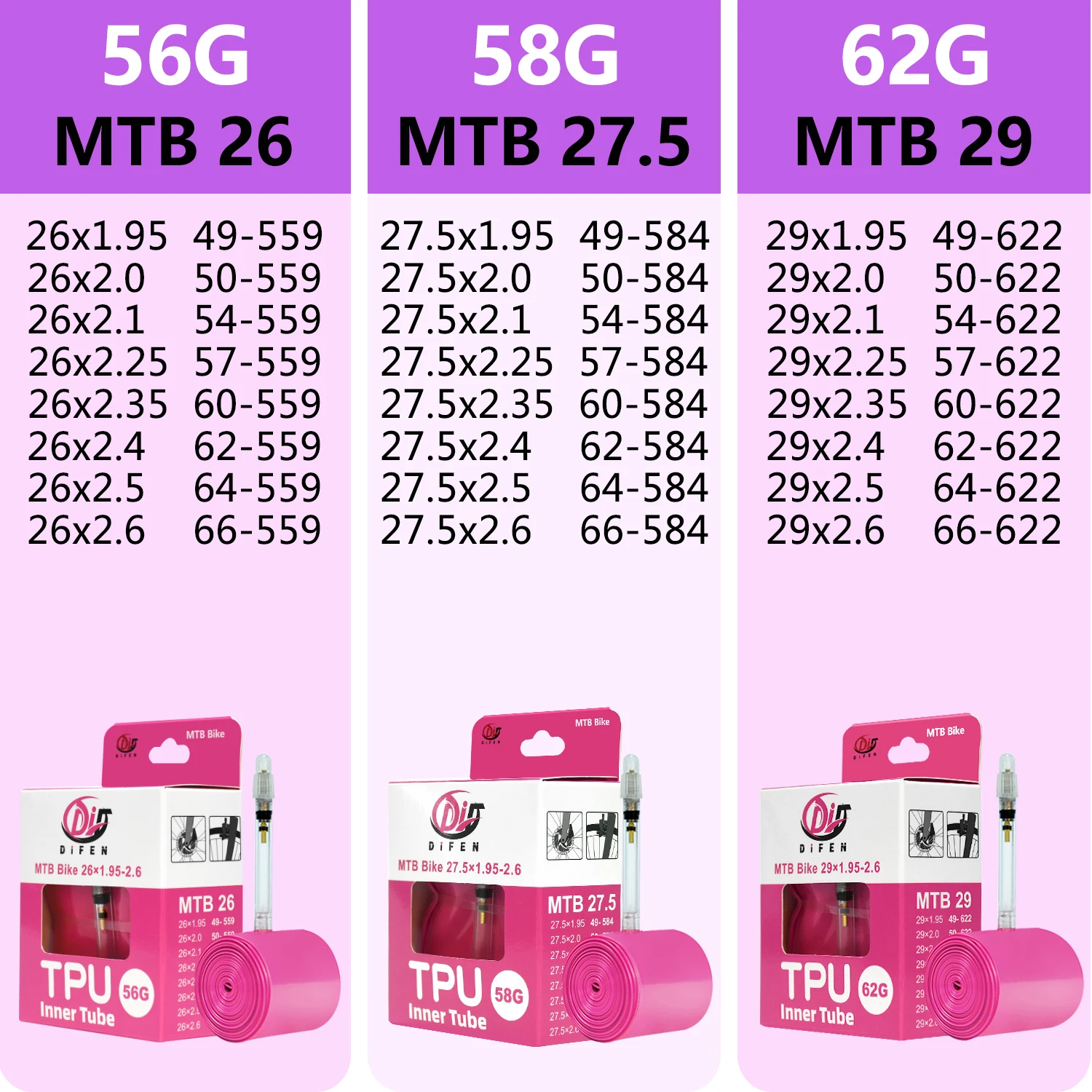 DiFEN TPU Ultralight MTB Fahrradschlauch 26 27,5 29, 29 x 1,95 2,0 2,1 2,2 2,3 2,4 2,5 2. 6 Zoll Mountainbike Reifen 29er