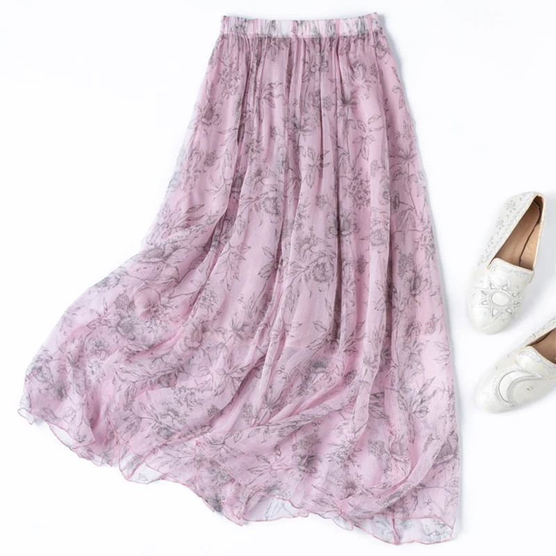Damenrock, 100 % Maulbeerseide, rosa Blumenmuster, elastische Taille mit Seidenfutter, Sommer, Strand, großer Saum, doppellagiger Rock M1372 Image