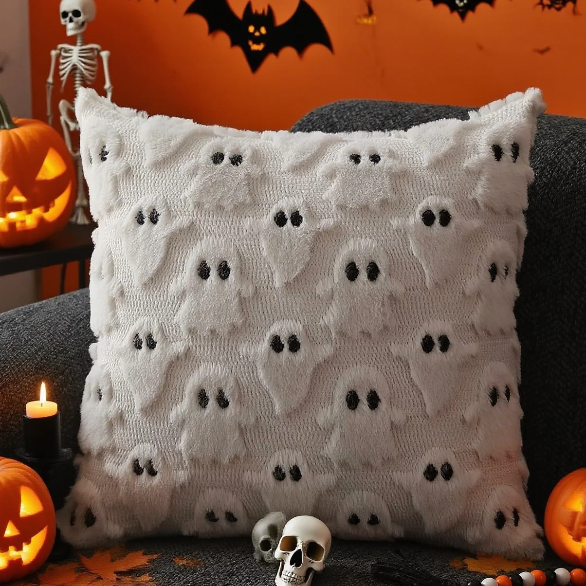 Halloween-Kissenbezüge, süßer weißer Geist, gruselige Kissen, weicher Plüsch, Kunstfell, Herbst, dekorative Kissenbezüge für Couch, Sofa Image