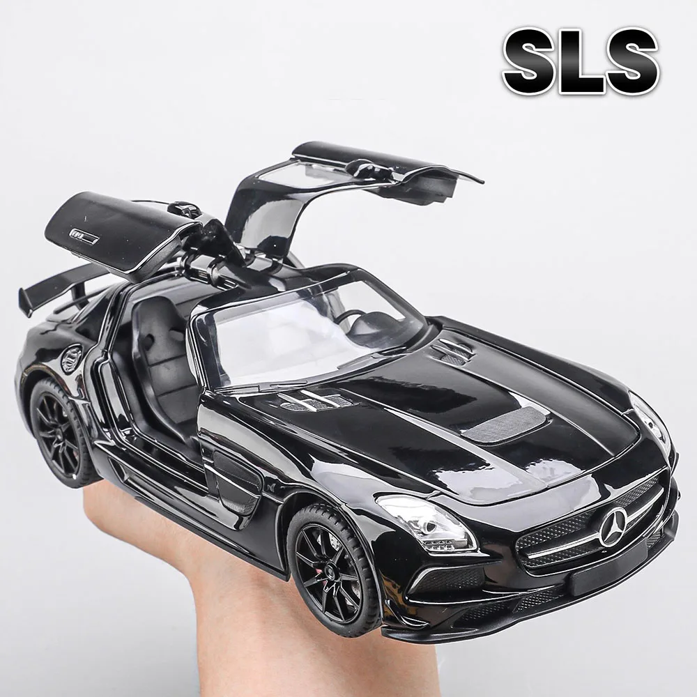 1:24 Legierungsdruckguss Benz SLS Spielzeugmodelle Autos Gummireifen 4-türig geöffnete Miniaturfahrzeuge mit leichter Musik Spielzeug Jungen Weihnachtsgeschenke Image