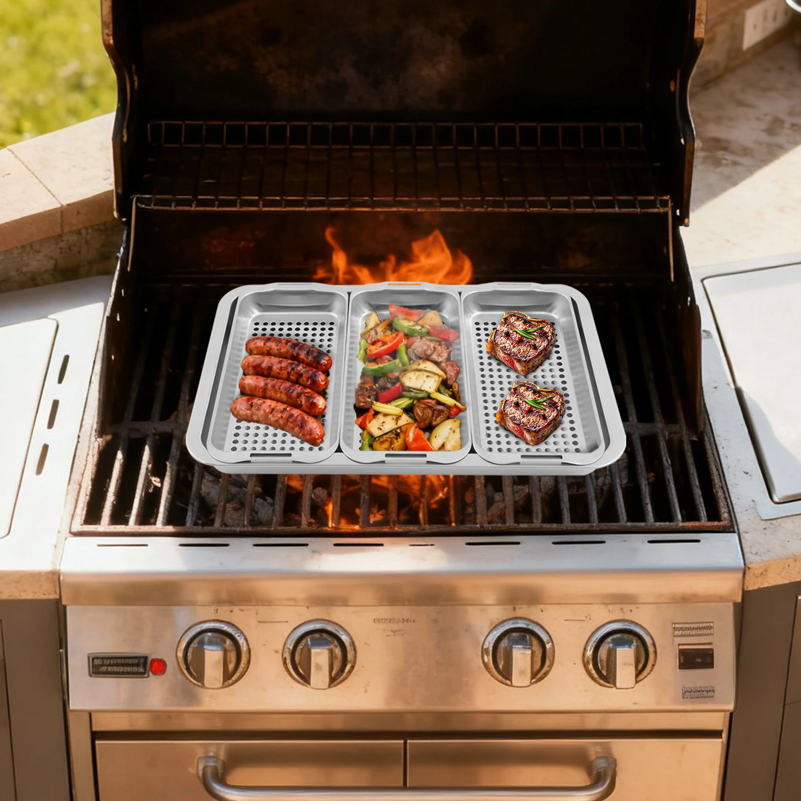 Edelstahl-Grillplatte Edelstahl-BBQ-Set Edelstahl-Grillpfanne mit Grillkorb 5-teilig Image