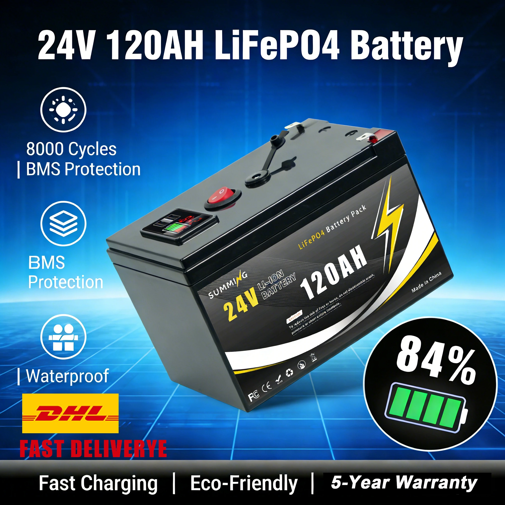 Solarbatterie 24V 120AH ️ Lithium-Tiefzyklus-Batterie  Integriertes BMS – perfekt für Solarsysteme  Stromversorgung für Wohnmobile, Boote und Hütten Image