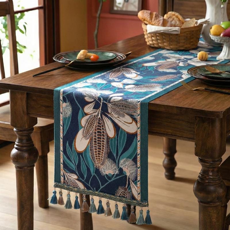 Runner da tavolo vintage con motivo floreale in jacquard / Runner da tavolo boho con motivo a nappe / Runner da tavolo elegante / Decorazione botanica