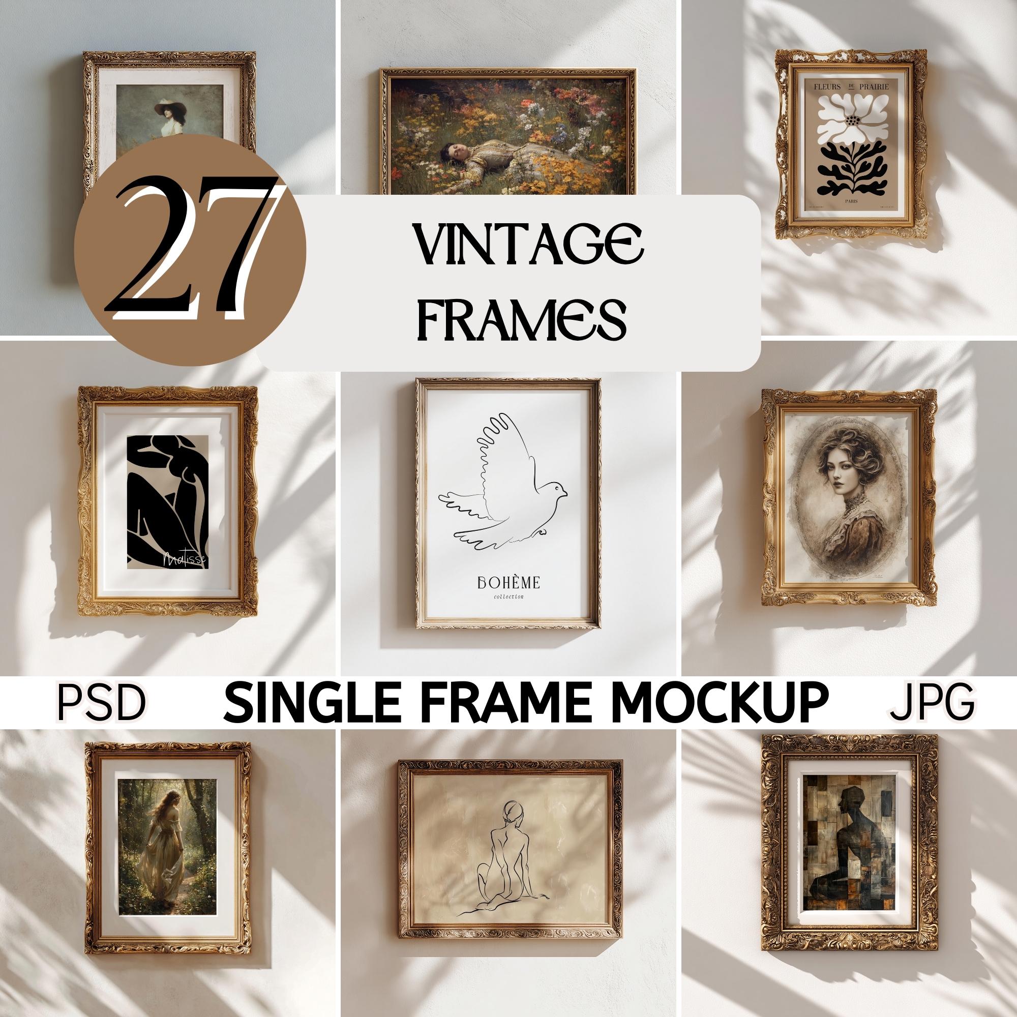 Pacchetto mockup di cornici vintage, mockup di cornici dorate, pacchetto mockup di opere d'arte da parete antiche, pacchetto mockup di cornici ornate,