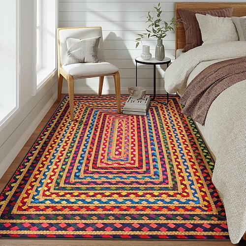 Rechteckiger Jute-Teppich, farbenfroher, im Bohème-Stil gewebter Teppich für Wohnzimmer, Schlafzimmer, Wohnaccessoires Image