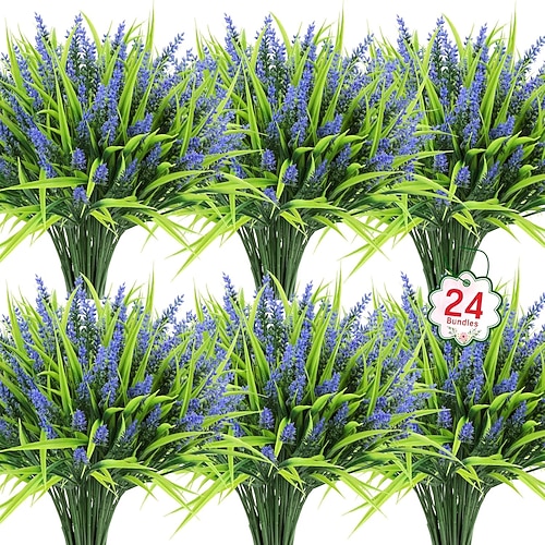 24 Bündel künstliche Blumen für den Außenbereich, künstliche Lavendelblüten, Affengras, künstliche Kunststoffpflanzen, Sträucher, UV-beständig, für Veranda, Garten, Fensterbank, Büro, Heimdekoration Image