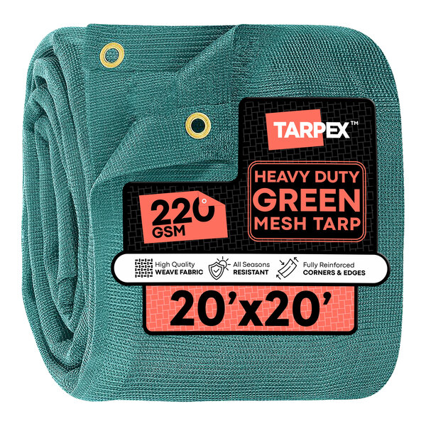 Tarpex 20' x 20' Green Heavy-Duty Weather-Resistant 6.5 oz. Multipurpose Mesh Tarp GMT-TA-2020