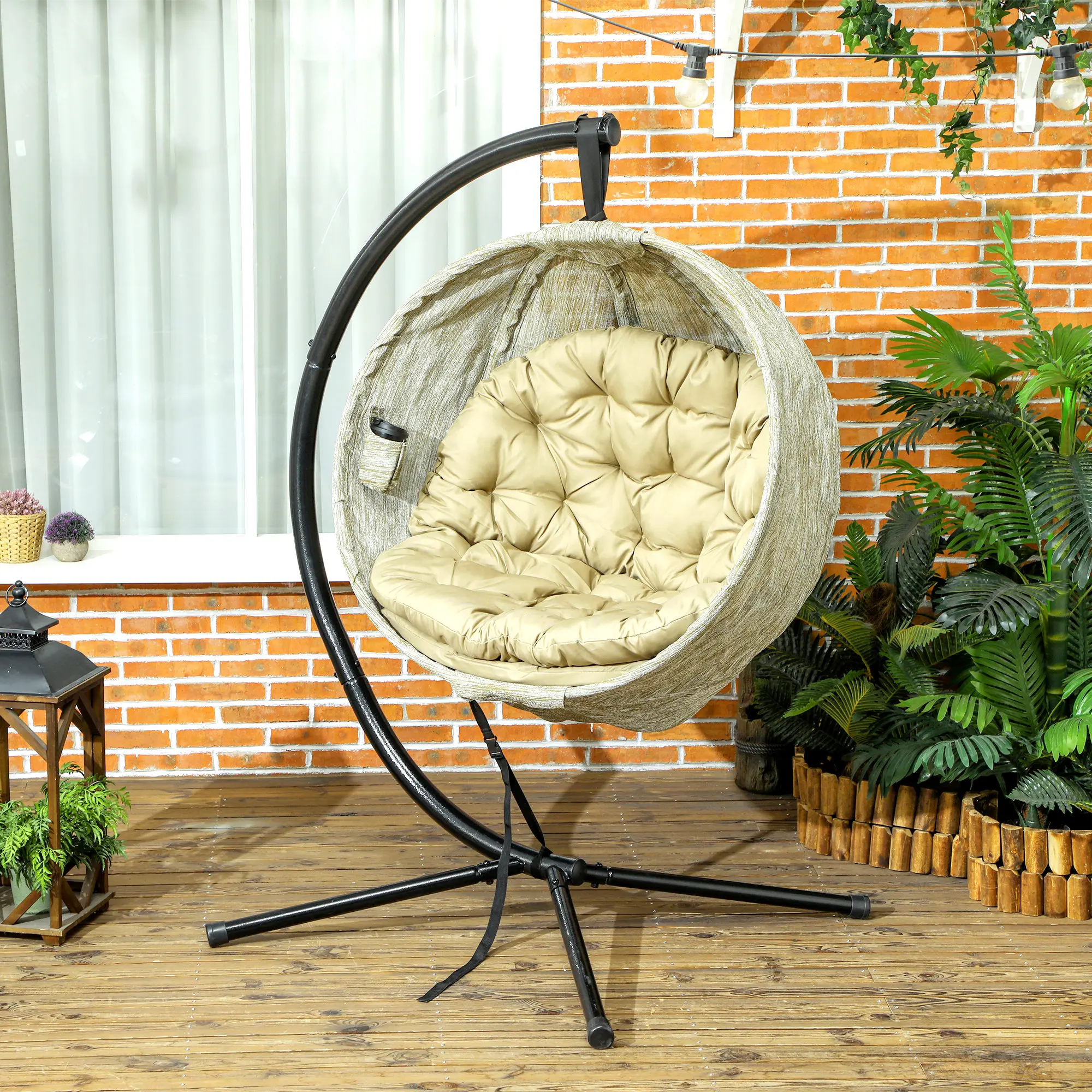 Hanging Egg Chair Outdoor Indoor Garden Swing Chair with Folding Basket,Garden Hanging Chair with Stand,Thickened Cushion,Khaki