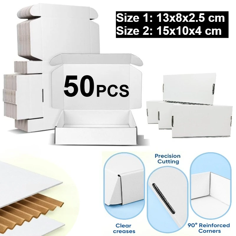 50-Pack Small White Box 13x8x2.5cm / 15x10x4cm Inch Recyclable Corrugated Gift Mailers Storage Business Packaging Shipping Boxes