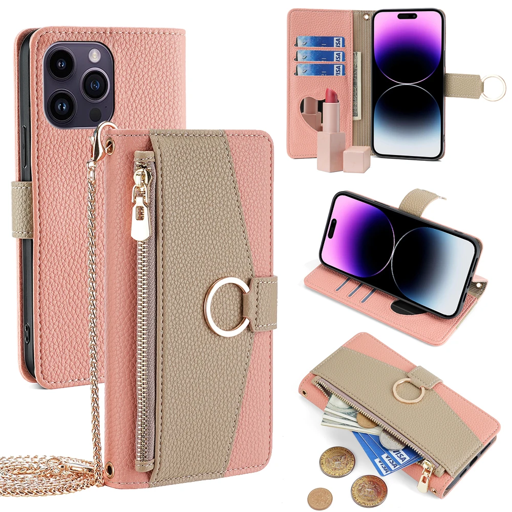 Cross body Leder Handy hülle für iPhone 15 für iPhone 15 Pro Max Brieftasche Flip Case Cover mit Metall kette und Schmink spiegel Image