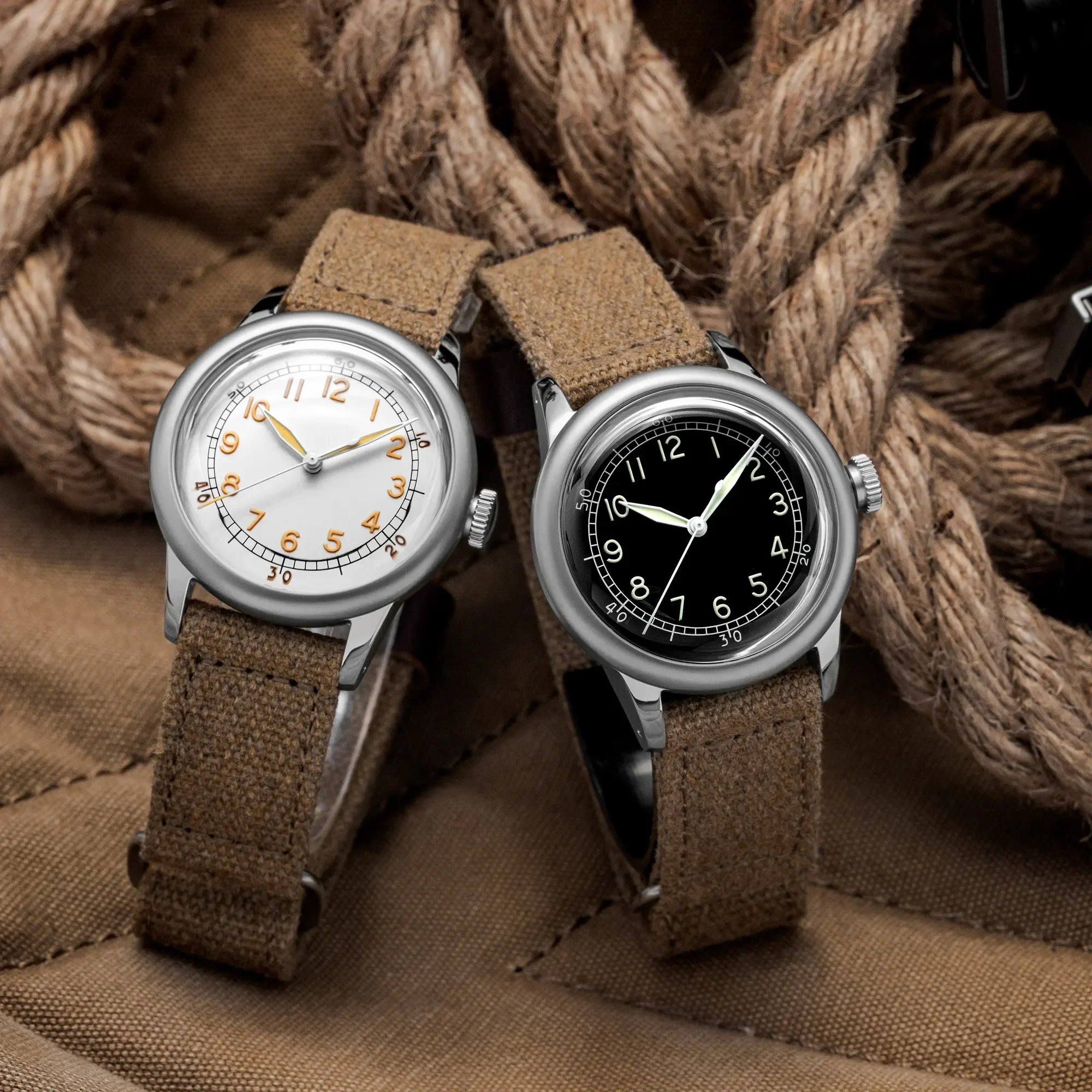 THORN Herren-Vintage-Armbanduhr, 36 mm, schwarz/beige, weißes Zifferblatt, leuchtendes Saphirglas, NH35-Automatikwerk, A11-Uhren Image