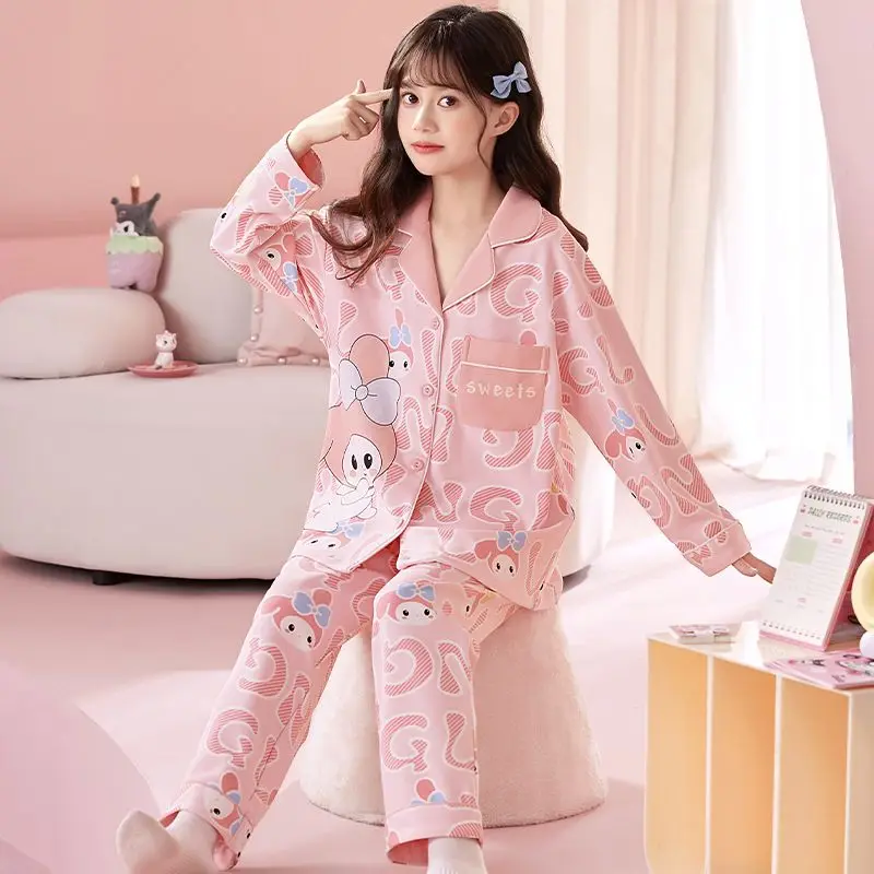 Sanrio Kuromi Kinder Cartoon Pyjamas Sets My Melody Kinder Baumwolle Langarm Hosen Kawaii Freizeit Tragen Vier Jahreszeiten Kleidung Neue Image