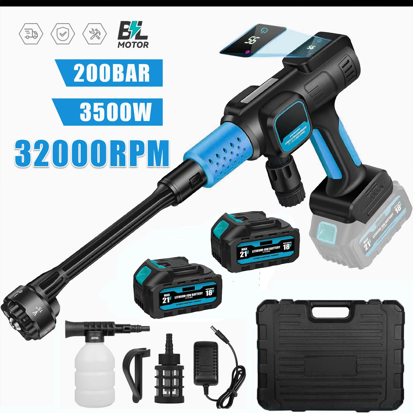200Bar 3500W Bürstenlose Hochdruck Auto Waschmaschine Pistole 6 IN 1 Elektrische Garten Waschen Wasser Spritzpistole für Makita 18V Batterie Pin