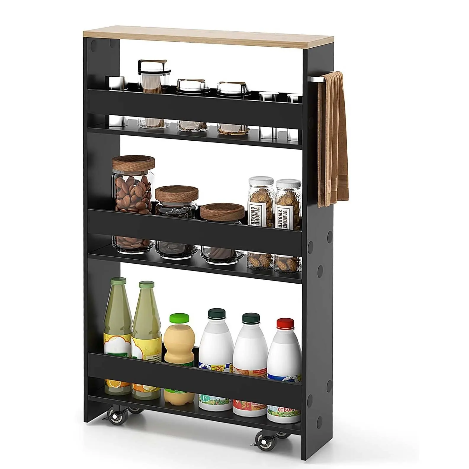 Nischenwagen, 13 cm breit, 4 Ebenen, schmaler Küchenwagen, Nischenregal auf Rollen, Servierwagen 47,5 x 13 x 80,5 cm Image