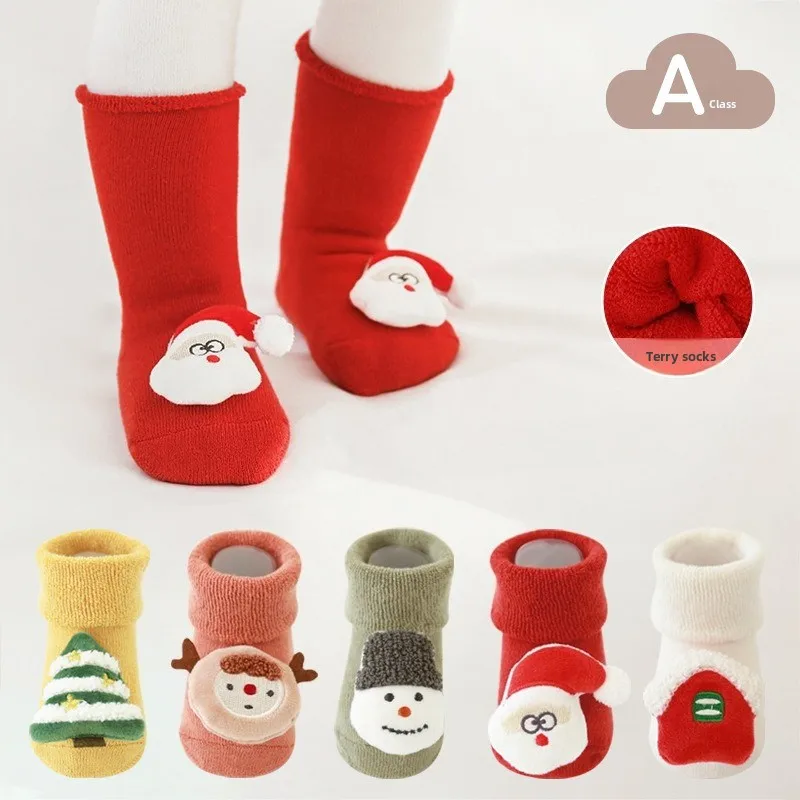 2025, Winter-Neue, verdickte Frottee-Babysocken – rutschfeste Bodensocken für Kleinkinder mit Punktgriff, niedliche Weihnachts-Cartoon-Puppensocken für Kinder. Image