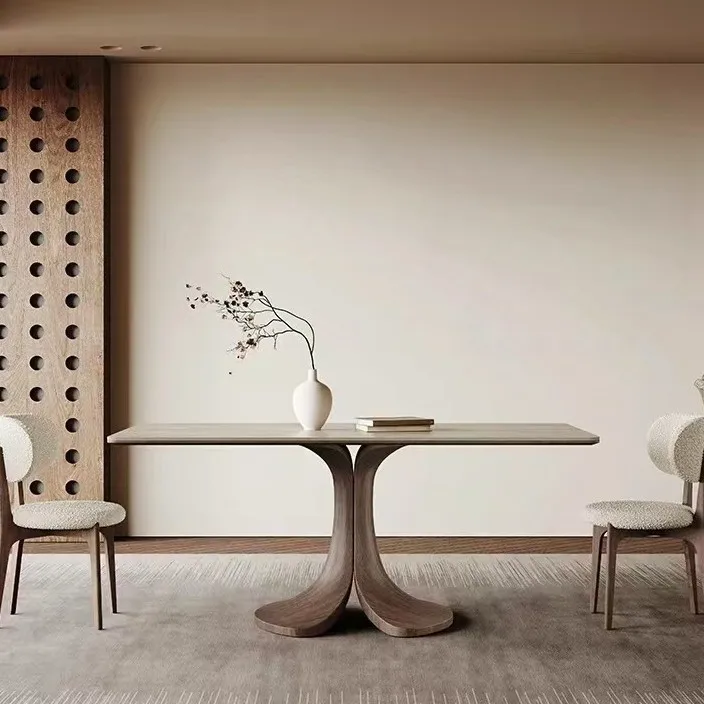 Mid-Century-Esstisch aus massivem Holz, rechteckiger, moderner, einfacher Esstisch aus Walnussfurnier mit voller Unterstützung aus mattem Travertinschiefer und Image