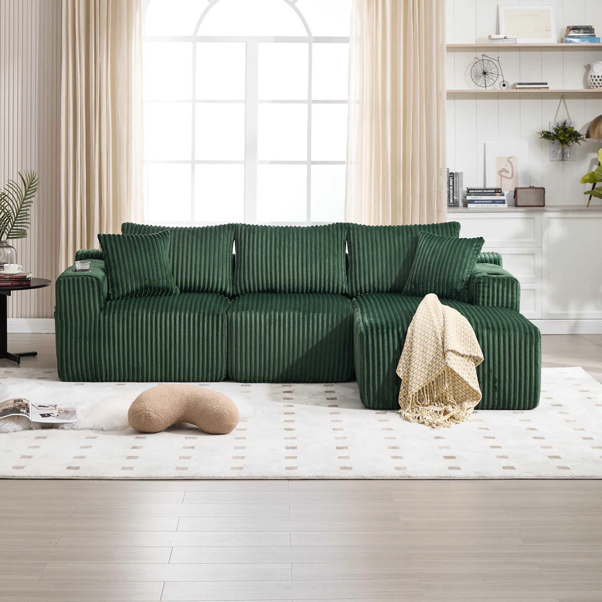 KOMHTOM Modulares Sofa Set mit Chaiselongue, 2-Sitzer, Weicher Cordbezug, 5 Kissen, Seitentaschen Image