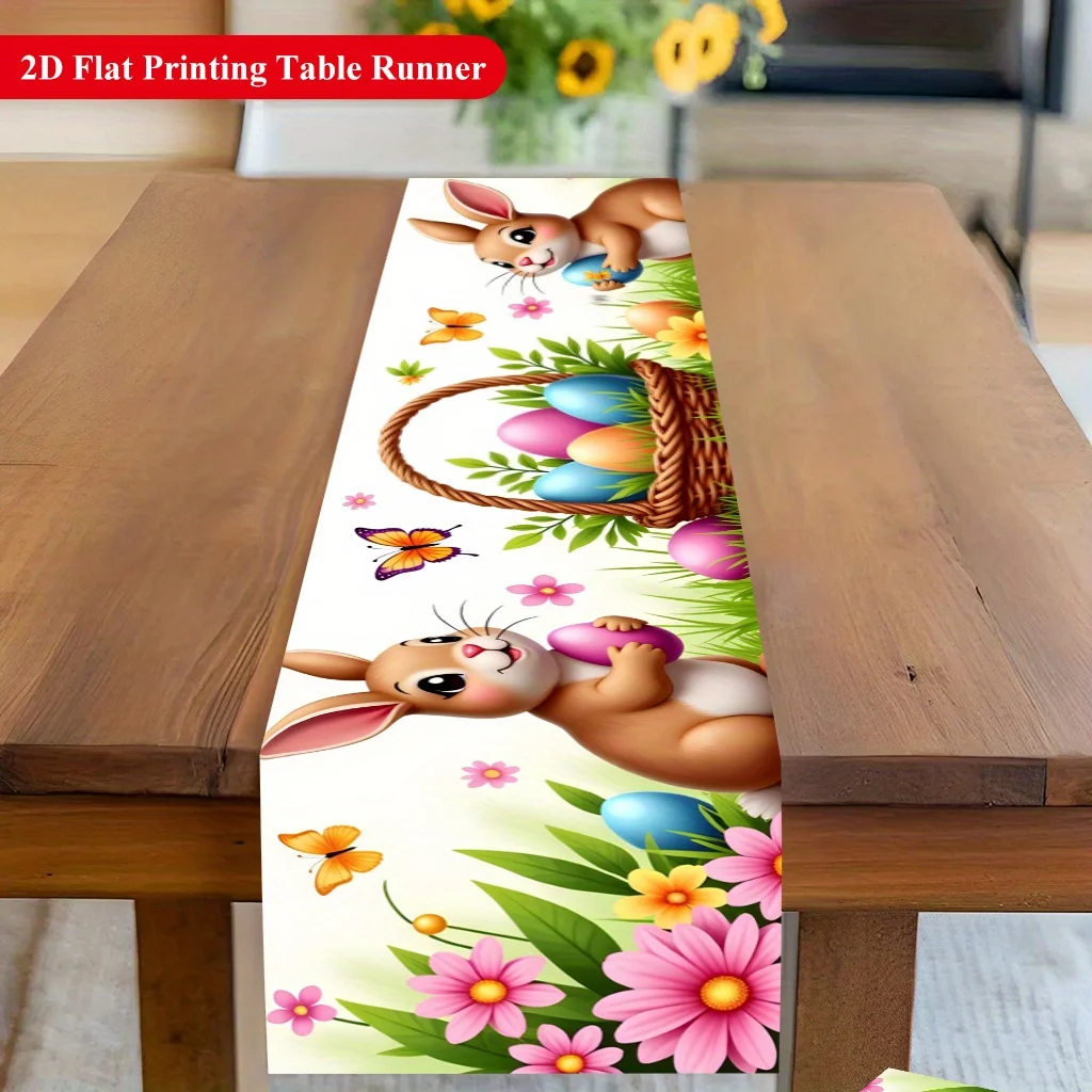 1 Stück Oster-Tischläufer mit Hasen- und Ei-Motiv, Cartoon-Stil, niedliches Haustier, Feiertags-Tischdekoration, Party-Szenen-Dekoration, lange Tischdecke Image