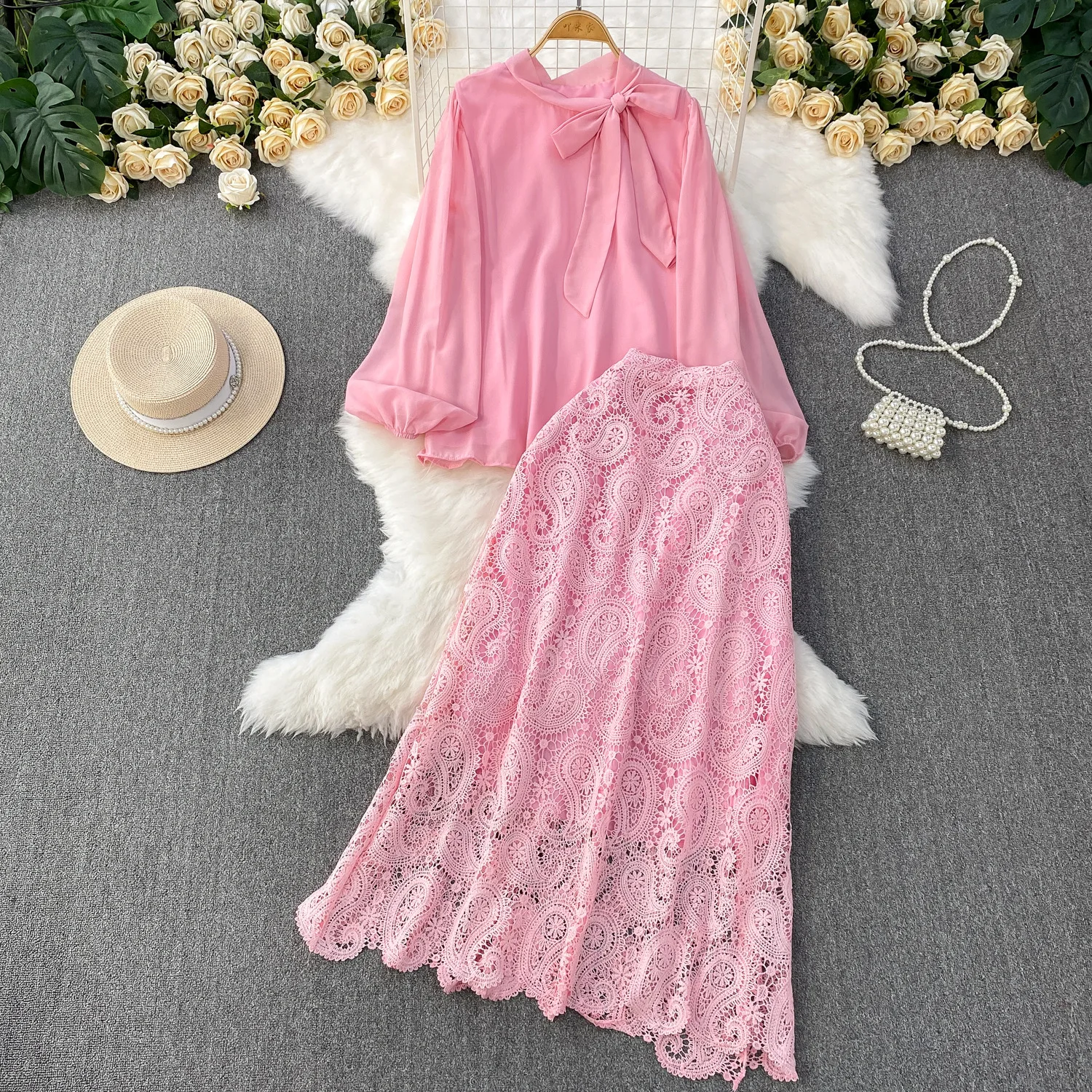 Frauen Zwei Stück Sets Rock Set Rundhals Laterne Hülse Tops Lange Röcke Spitze Slim Fit EINE Linie Hohe Taille Y2k Streetwear Elegante Image