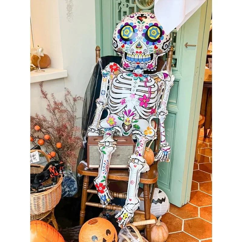 1/2 Stück Blumenschädel Halloween Ballon Riesiges Skelett Mann Ballon Geist Wan Tag der Toten Ballon Festliche Party Dekoration Image