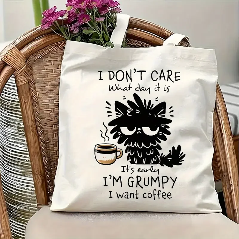 Niedliche Katzen-Einkaufstasche mit „I Don't Care What Day It Is“-Zitat, lustiges Geschenk für Kaffeeliebhaber, wiederverwendbare Einkaufstasche Image