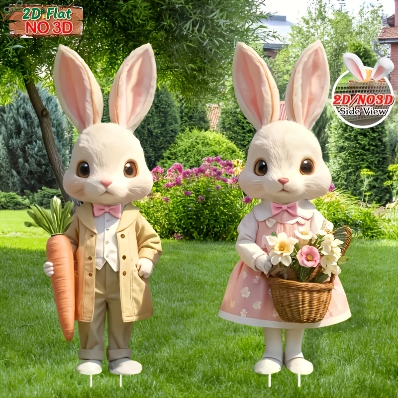 2 Stück Oster-Gartendekoration mit Cartoon-Hasen-Motiv, Gartendekoration zum Einstecken im Rasen, Fröhliche Osterparty-Dekoration Image