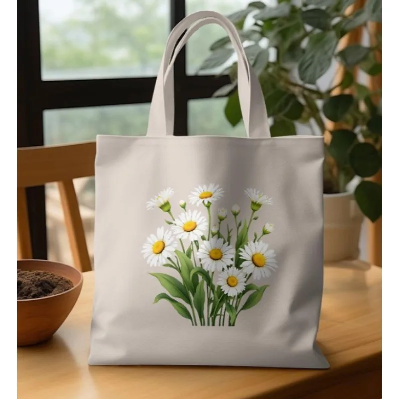 Canvas-Tragetasche mit Blumenmuster-Aufdruck, praktische Aufbewahrungstasche zum Ausgehen, Reisen, Einkaufen, Freizeittaschen, weiße Canvas-Tasche mit Blumenmuster Image