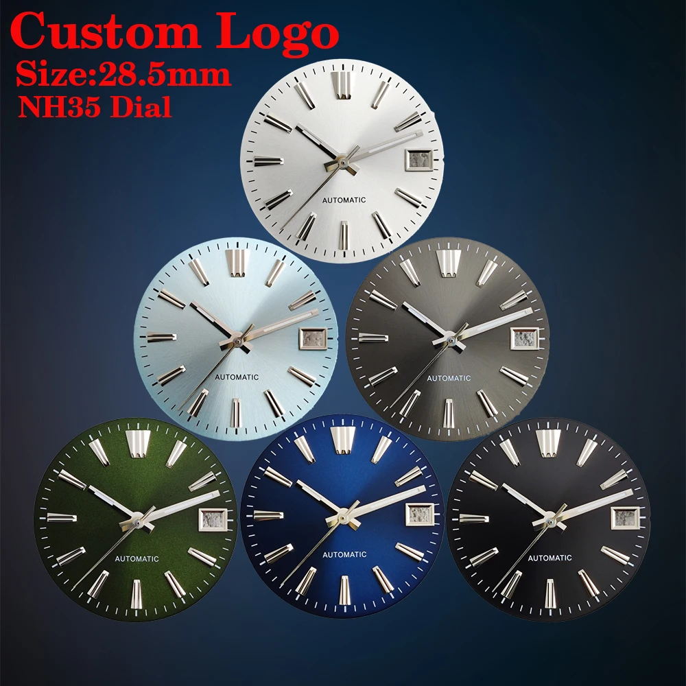 NH35 unmarkiertes Zifferblatt, 28,5 mm großes Zifferblatt, anpassbares Logo, Sunburst-Uhrenzifferblatt, geeignet für NH35-Uhrwerk-Zubehör. Image