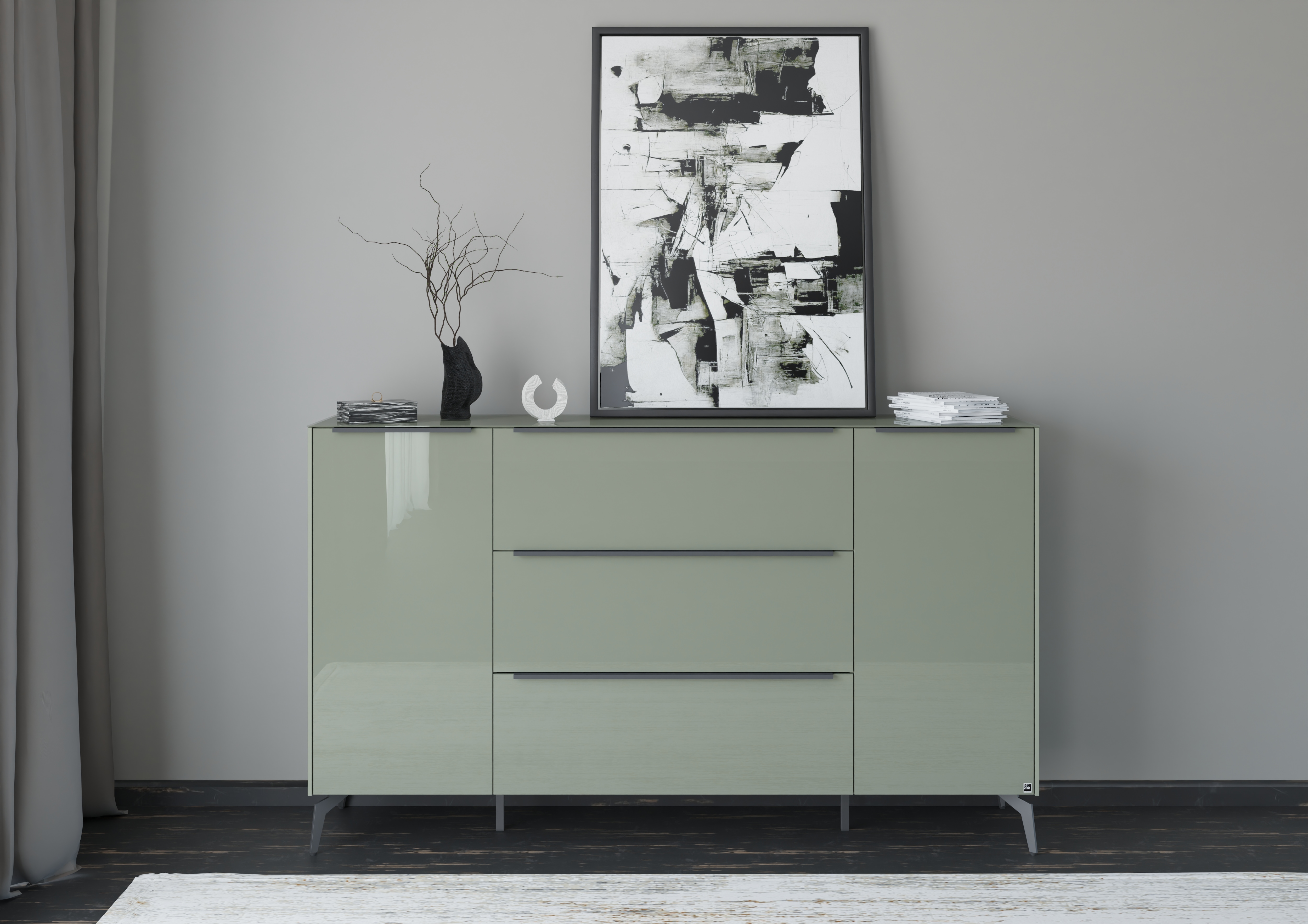 Sideboard "Reno", olivgrün matt lack, glas olivgrün glanz, B:182cm H:109cm T:42cm, Glas, Holzwerkstoff, SET ONE BY MUSTERRING, Sideboards, Sideboard, Mit Winkelfuß in diversen Farben, 109 cm Höhe & Farbauswahl Image