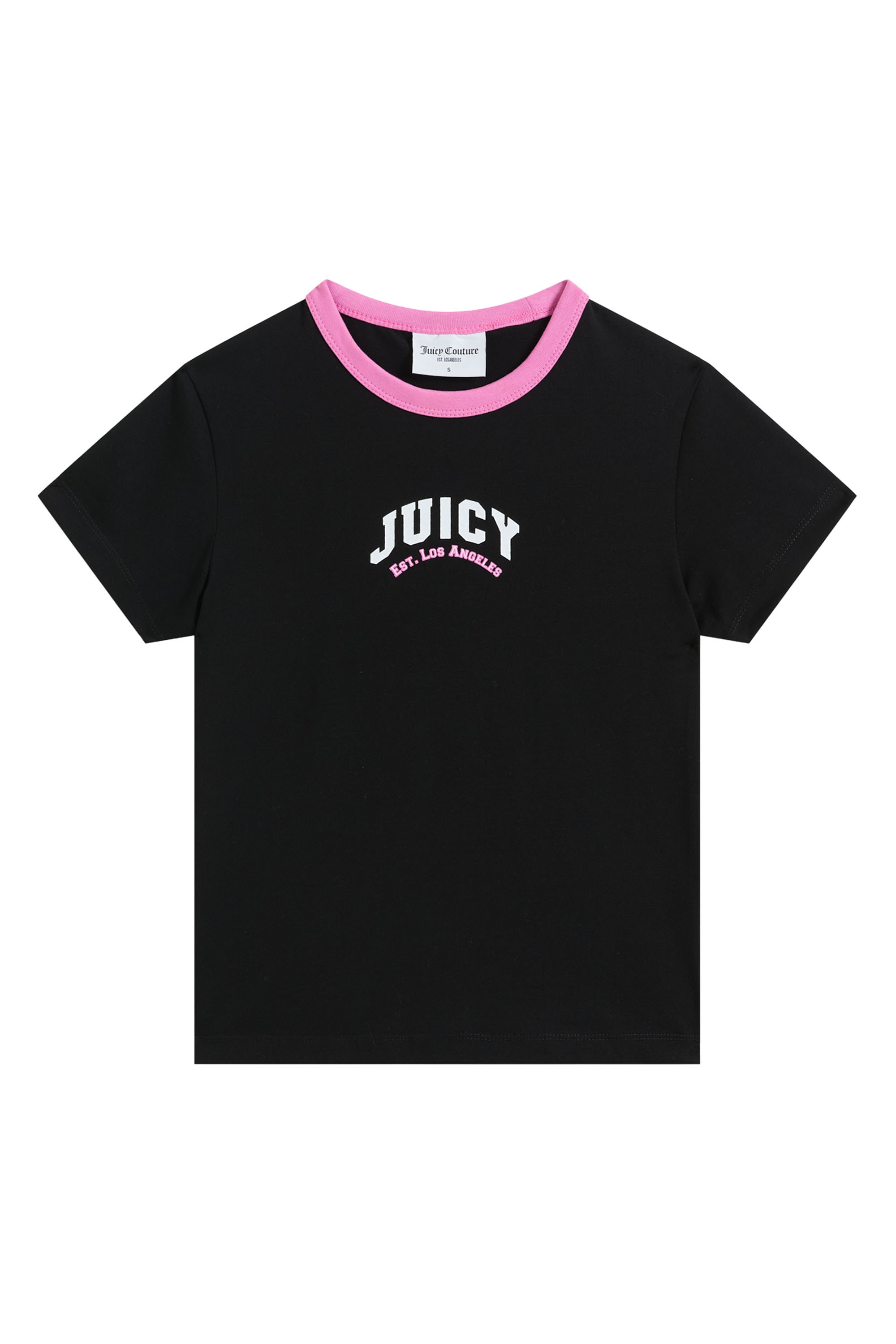 T-Shirt JUICY COUTURE "COLLEGIATE SPORTS RINGER TSHIRT. Damen", Damen, Gr. M, schwarz, Jersey, 95% Baumwolle, 5% Elasthan, normal taillenlang, Rundhals, Shirts T-Shirt, T-Shirt Damen, Schriftzug, Sportshirt, Logoprint, Trikot, Sale