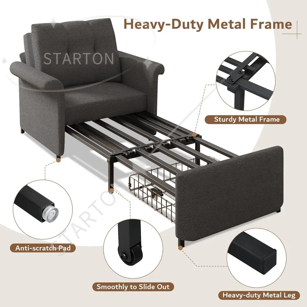 Sofa Bed Chair, 3-in-1 Convertible Sleeper Chair with Storage Drawer, Lambswool Fabric Pull Out Couch