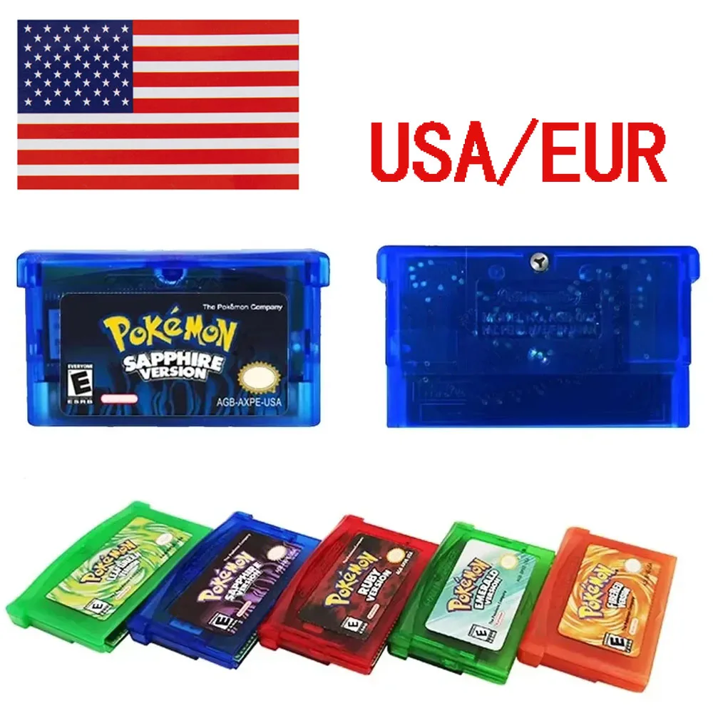 High Quality Pokemon 32 Bit Video Game Series, Ruby/Sapphire/Merald/Fire Red/Green Leaf GBA Game Cartridges