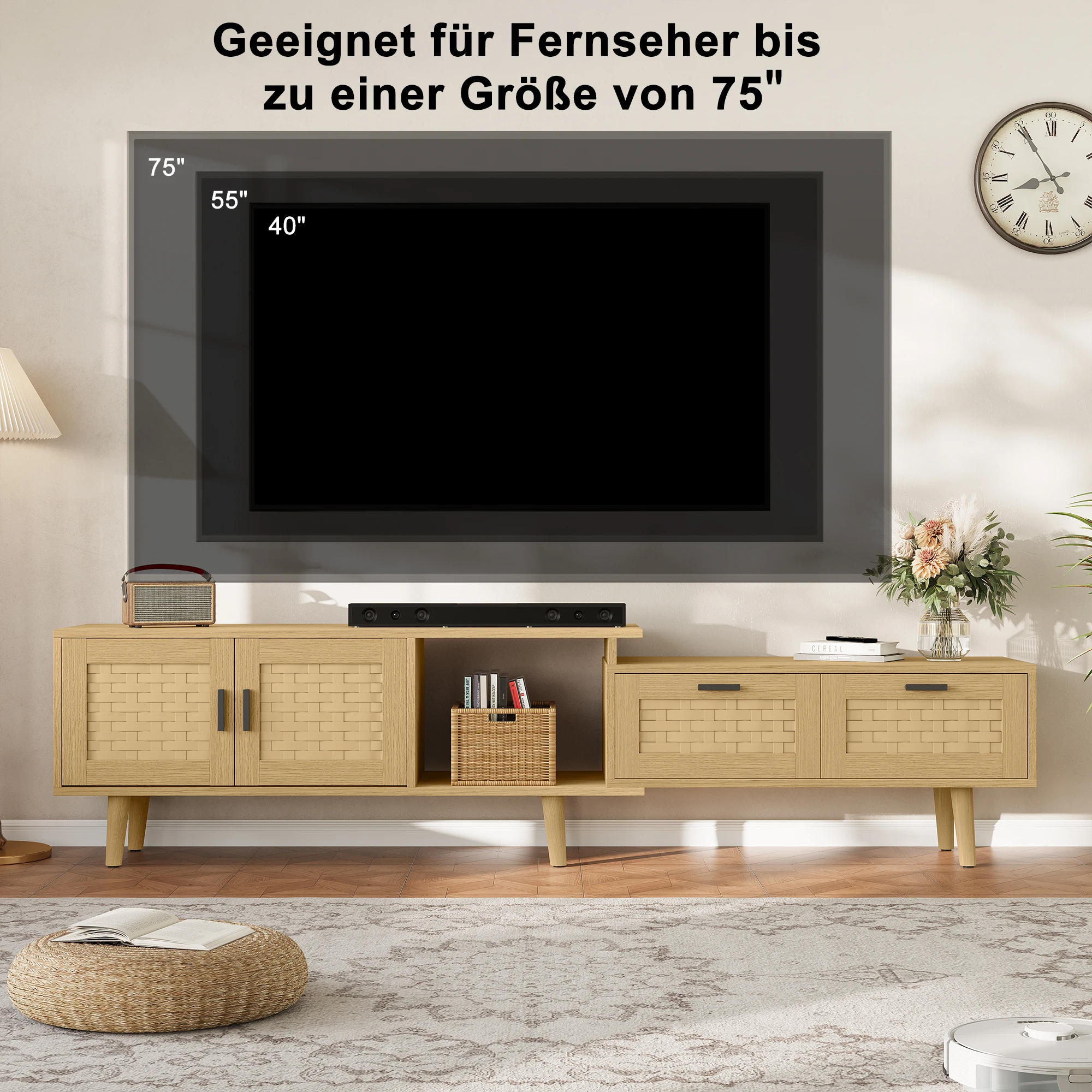 Meuble TV extensible Rosahqnda 146-180 cm, meuble TV en rotin, meuble TV avec 2 tiroirs, meuble bas pour téléviseurs jusqu'à 75 pouces