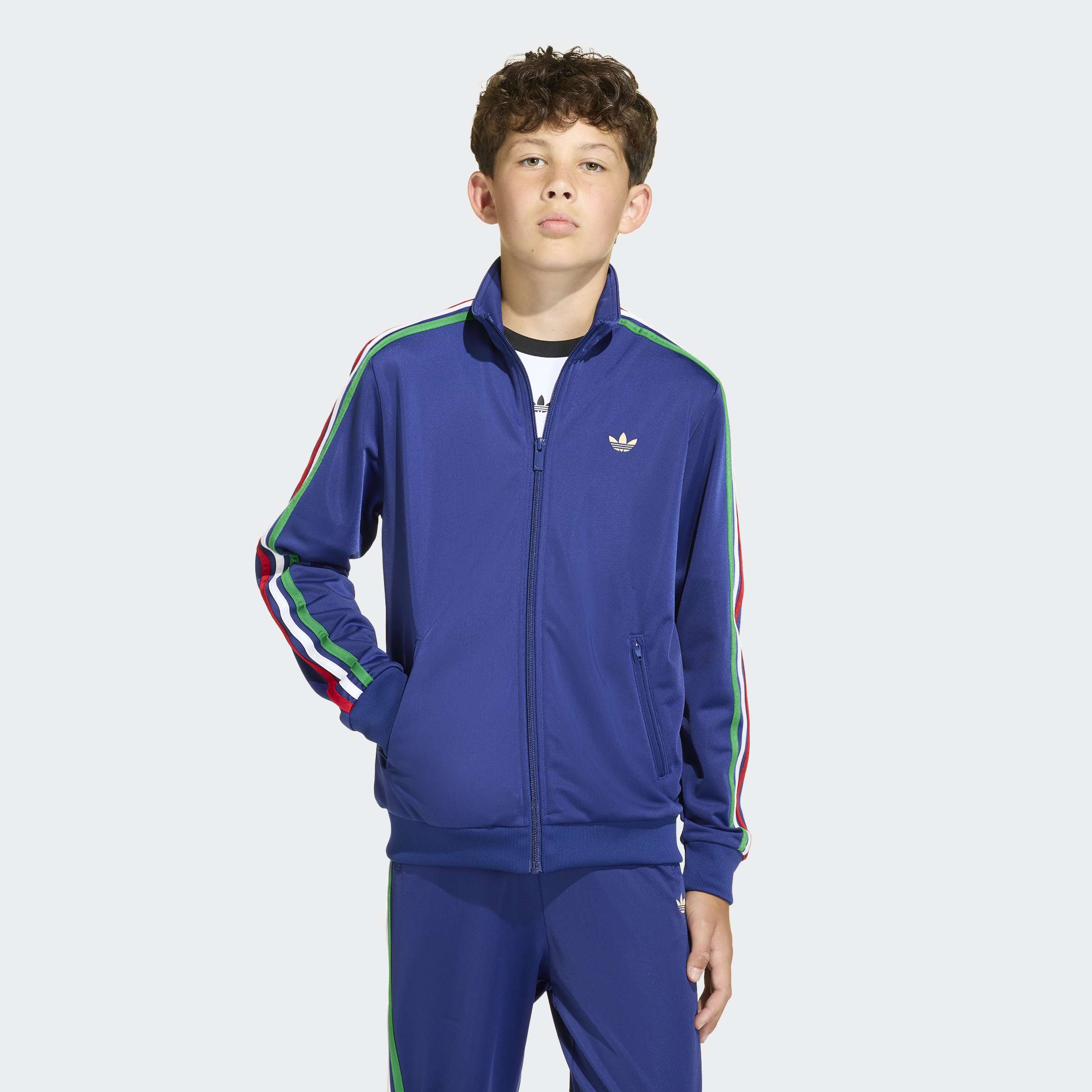 Trainingsjacke ADIDAS ORIGINALS "FIREBIRD LOCKERES TRACK", Mädchen, Gr. 140, victory blau, light football gold, Obermaterial: 100% Polyester, Jacken Trainingsjacke Image