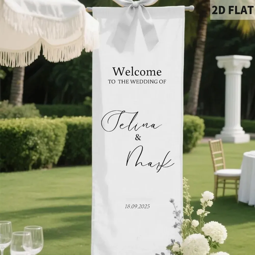 Banner per matrimonio piatto personalizzato 2D da 1 pezzo, cartello per matrimonio personalizzato con qualsiasi design, cartello per banner di benvenuto per matrimonio in tessuto poliestere