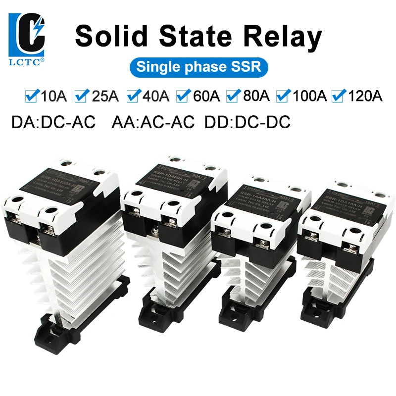 LCTC SSR Mit Aluminium Kühlkörper Halbleiterrelais 10A 25A 40A 60A 80A 100A 120A DIN-Schiene Nulldurchgangsrelais DA AA DD 3-32VDC Image