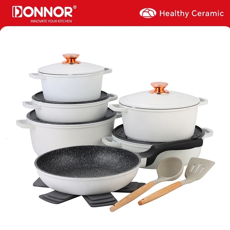 DONNOR Keramik-Kochgeschirr-Sets, 18-teiliges Induktionstöpfe-Set mit Deckel, für die Küche, gesunde Antihaft-Pfannen und Töpfe-Set mit Bratpfanne JT532 Image