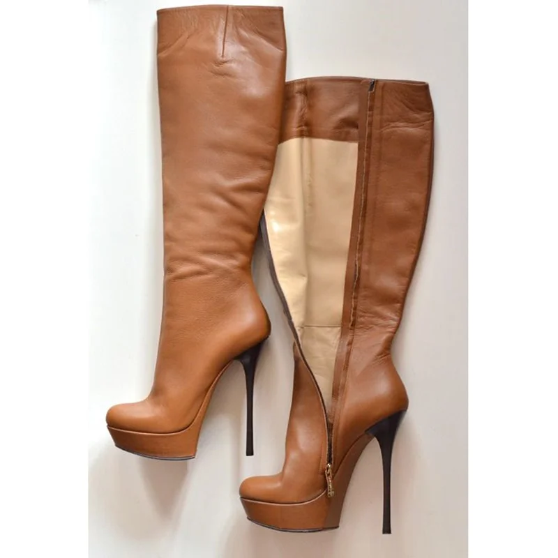 Braun Matte Leder Plattform Stiefel Dünne High Heel Modische Coole Sexy Winter Casual Große Größe Frau Schuhe Zapatillas Mujer