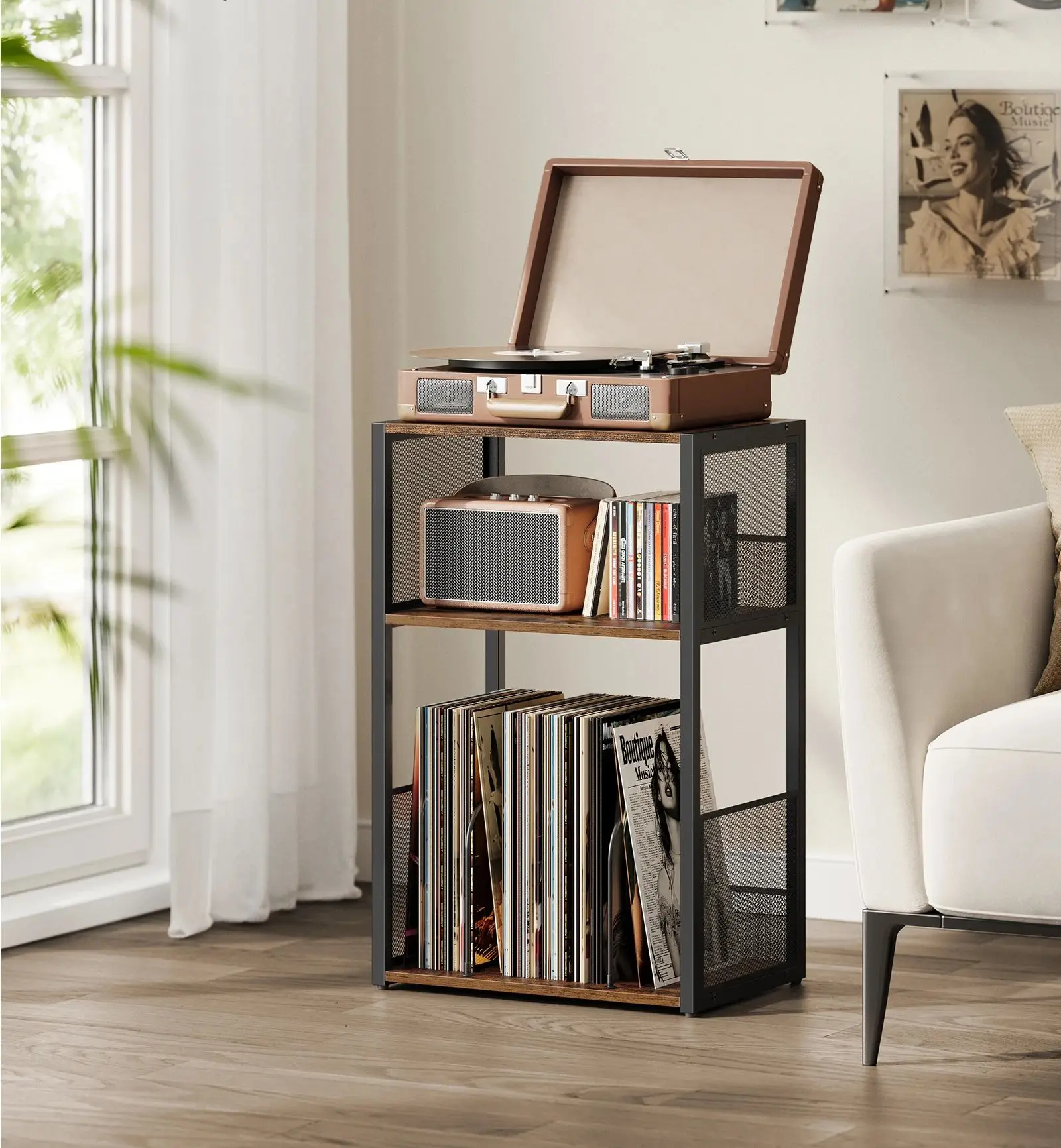VASAGLE Plattenspieler-Ständer 3 Ebenen, für bis zu 100 Alben, Beistelltisch für Wohnzimmer, Schlafzimmer, bbraun Image