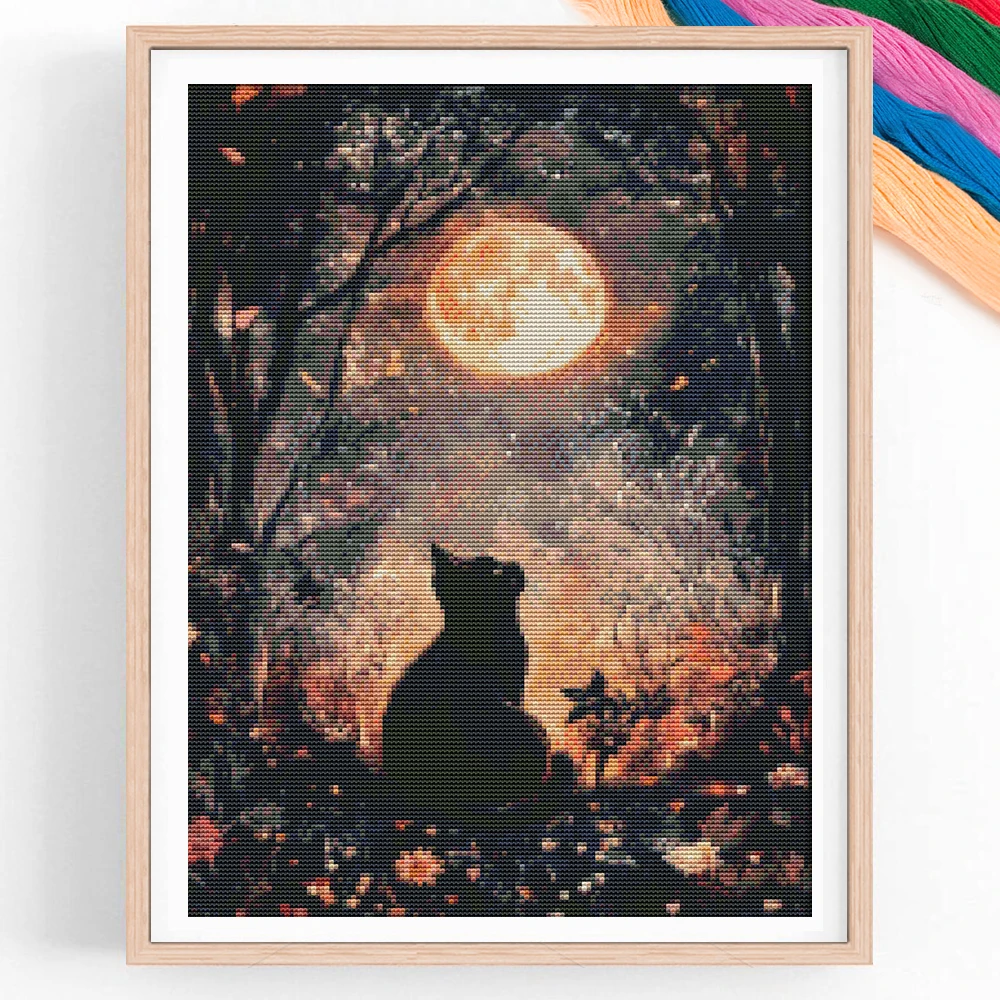 1 Set DIY-Kreuzstichset, Wald, Mond, Katze, Wohnzimmer, Heimdekoration, Kunst, Geschenk, Tierthema Image