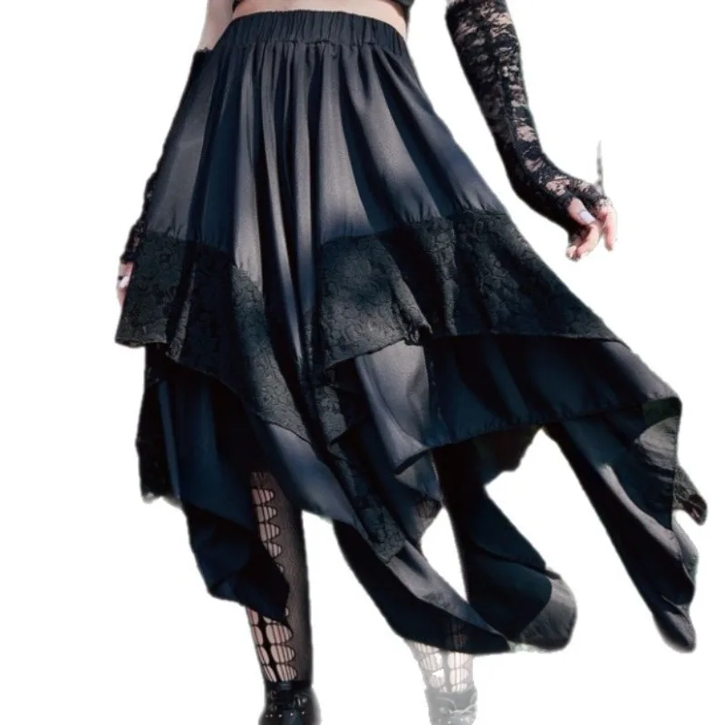 2023 neue Vintage Frauen Dark Gothic Punk Spitze Röcke Y2K Streetwear Steampunk Kontrast Spitze Unregelmäßige Renaissance Cosplay Kostüm