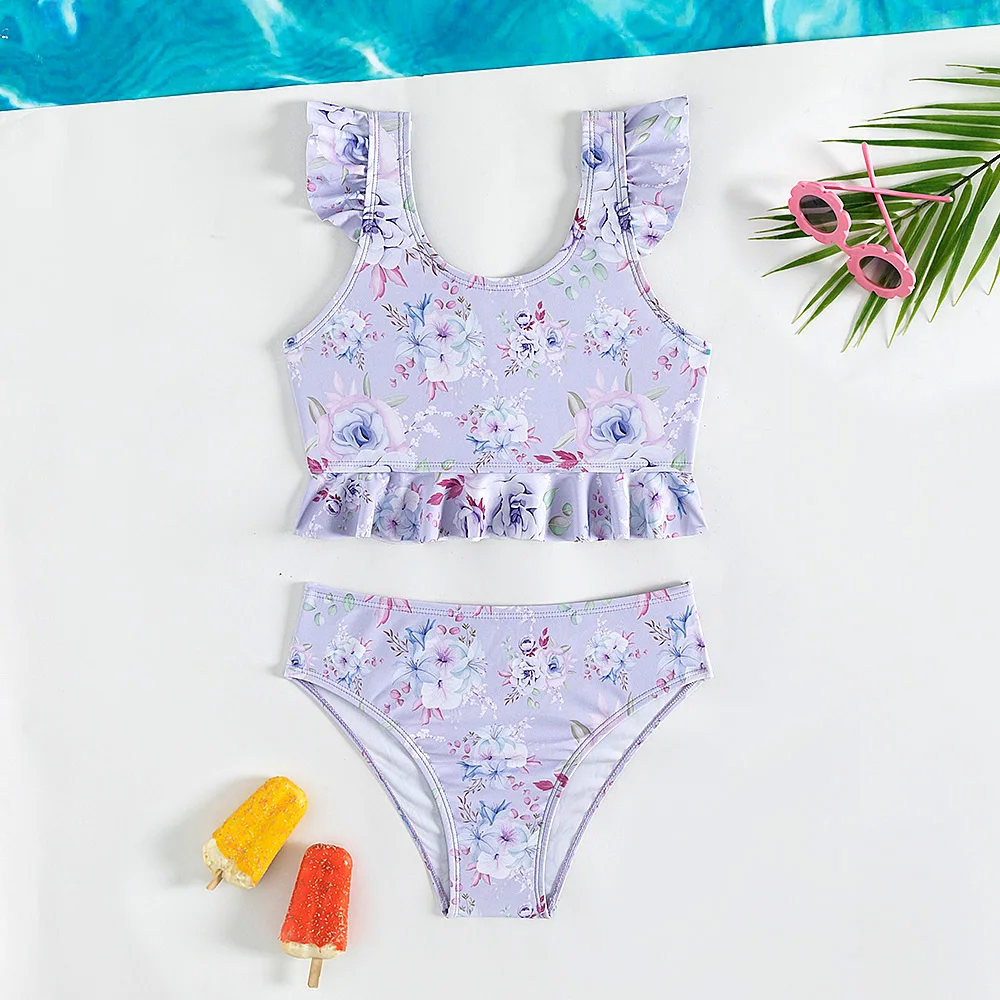 Mädchen zweiteilige Bade bekleidung Blumen druck lila Bikini Set Rüschen Fliegen ärmel Badeanzüge Sommer Mädchen Strand tragen 5-14 Jahre Image