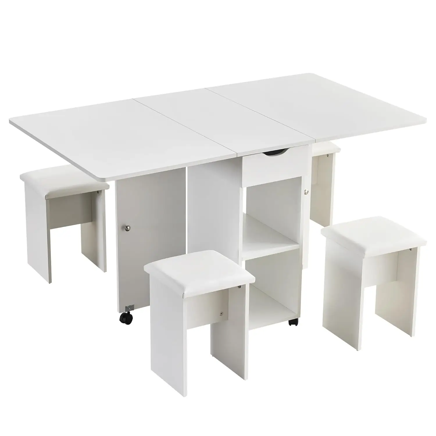 Esstisch mit 4 Stühlen 140 x 80 x 76 cm, klappbarer Klapptisch, 2 Regale und Schubladen und 6 feststellbaren Rollen für, individuell gestaltet