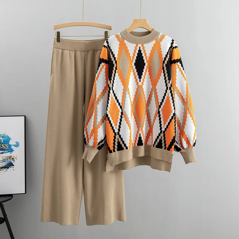 Gestricktes zweiteiliges Set für Damen, 2025, modisch, Herbst und Winter, lockere Hosen, Anzug, lässig, langärmelig, Top mit weitem Bein, Hosen, Outfits Image