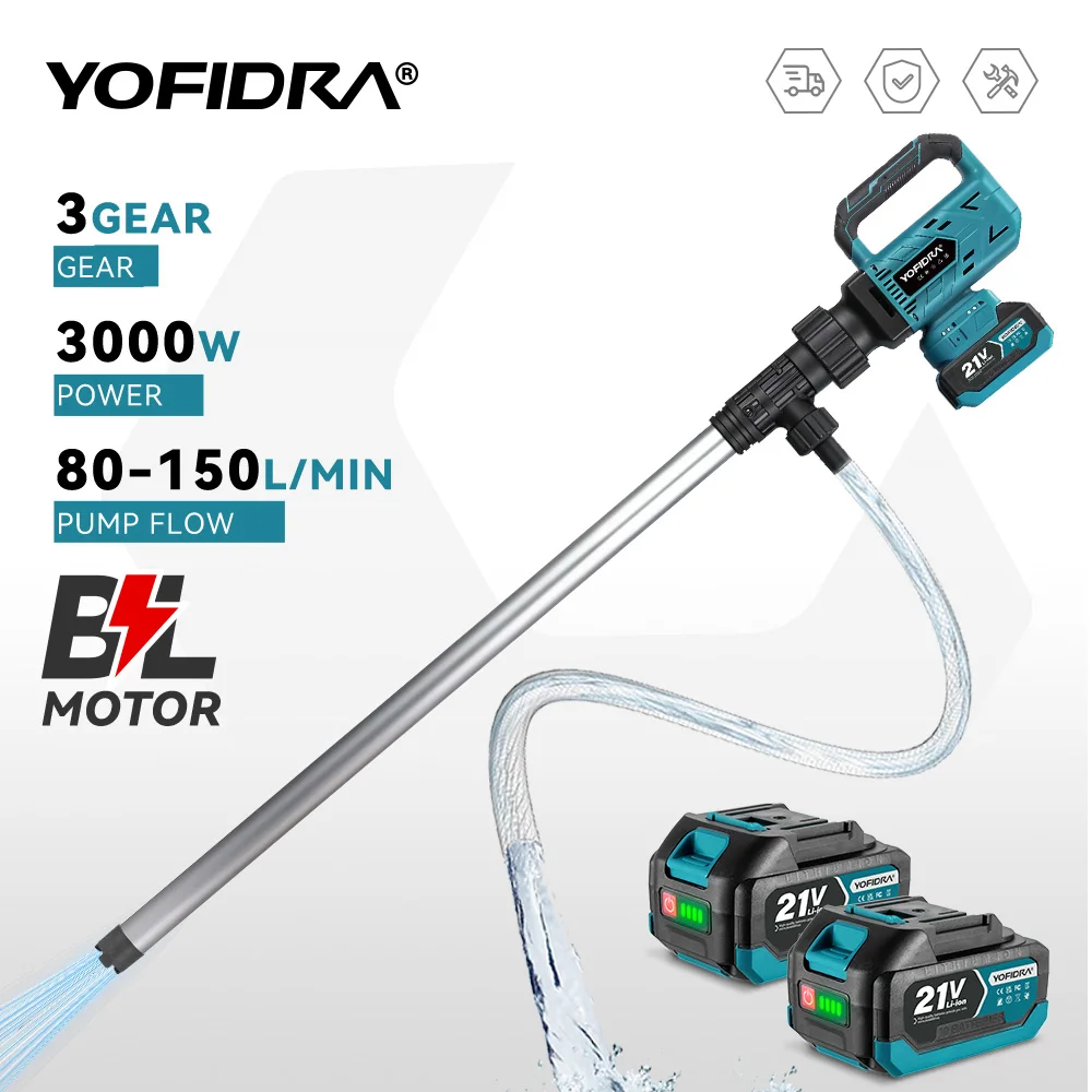 YOFIDRA 3000 W bürstenlose elektrische Pumpwasserpumpe 80–150 L/min Akku-Transferpumpe Garten Boot Pool für Makita Batterie Pin Image